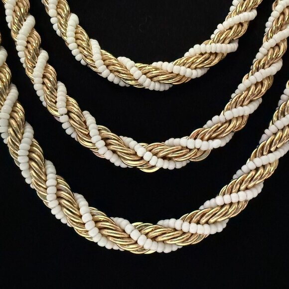 BCBG Max Azria Gold White 3 Strand Rope Chain Necklace Heavy Vintage-Inspired - Picture 2 of 13